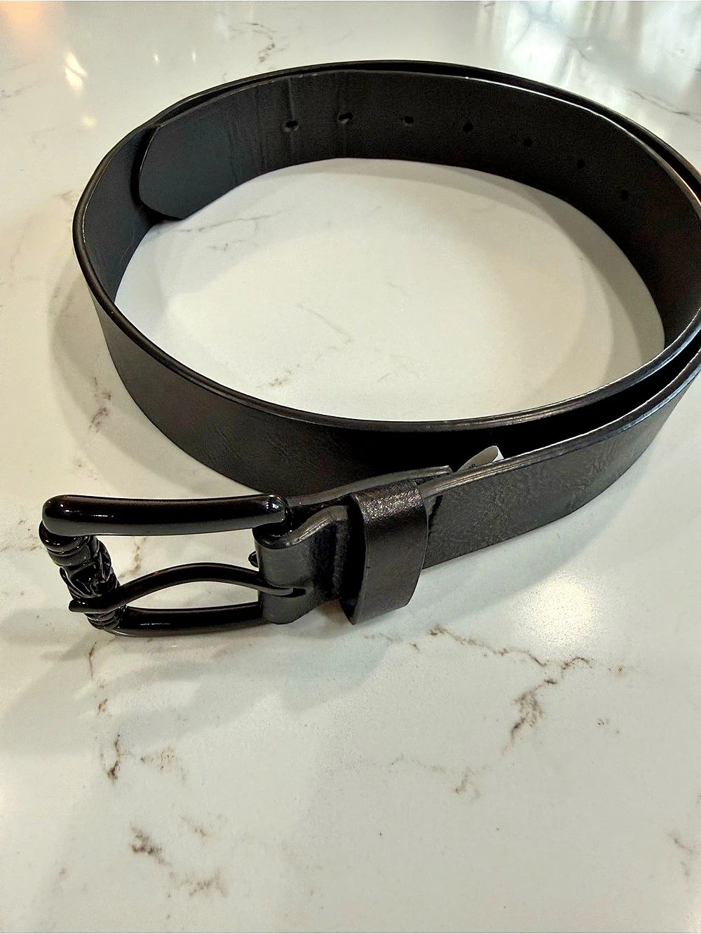 Black Faux Leather Belt Size Large Black Buckle 43” Long